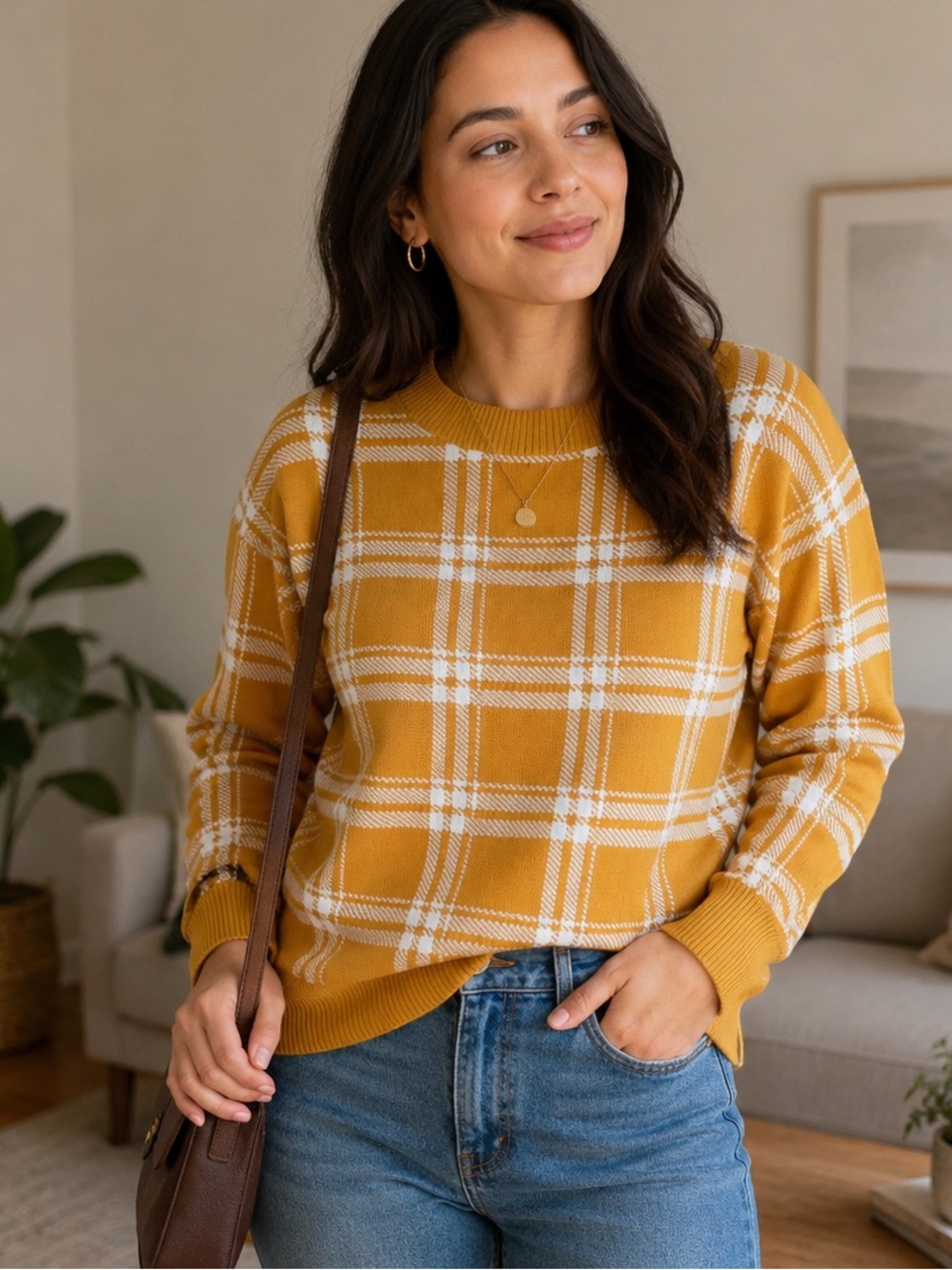 NWT LOFT Mustard and White Plaid Crewneck Sweater. Size: Medium